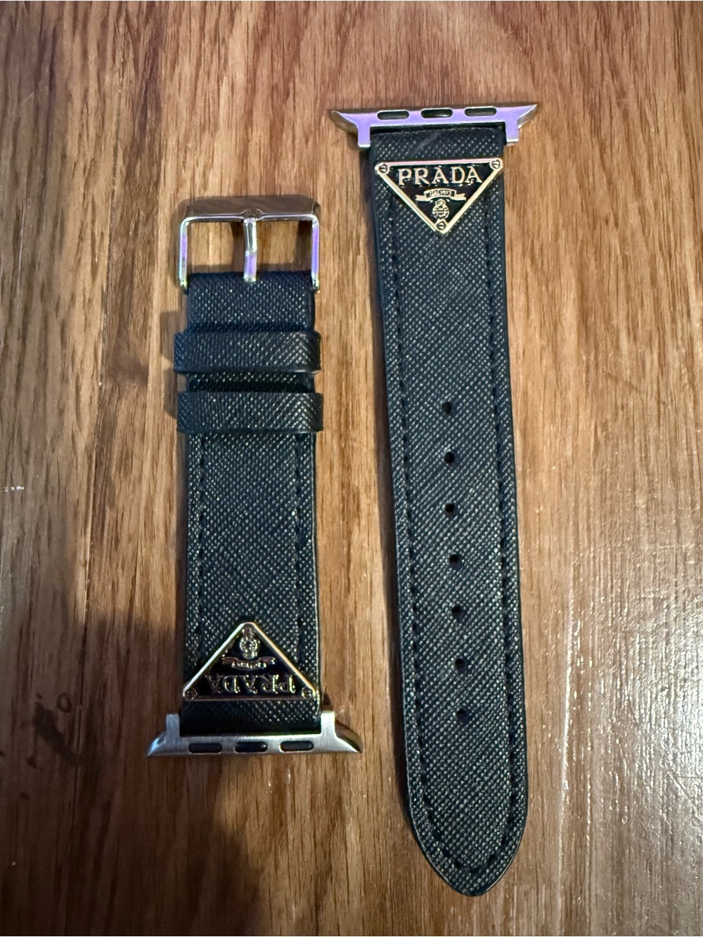 Prada Black Saffiano Leather Apple Watch Band with Gold Logo Hardware